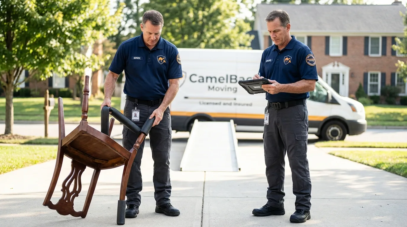 Movers inspecting furniture for damage prevention before loading in Swainsboro, GA