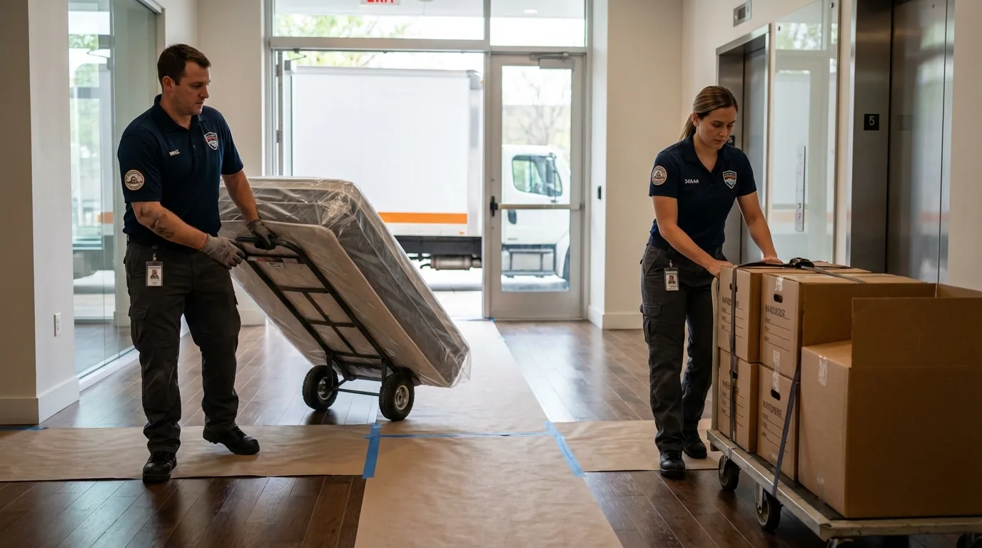 Professional apartment movers loading elevator in Swainsboro, GA